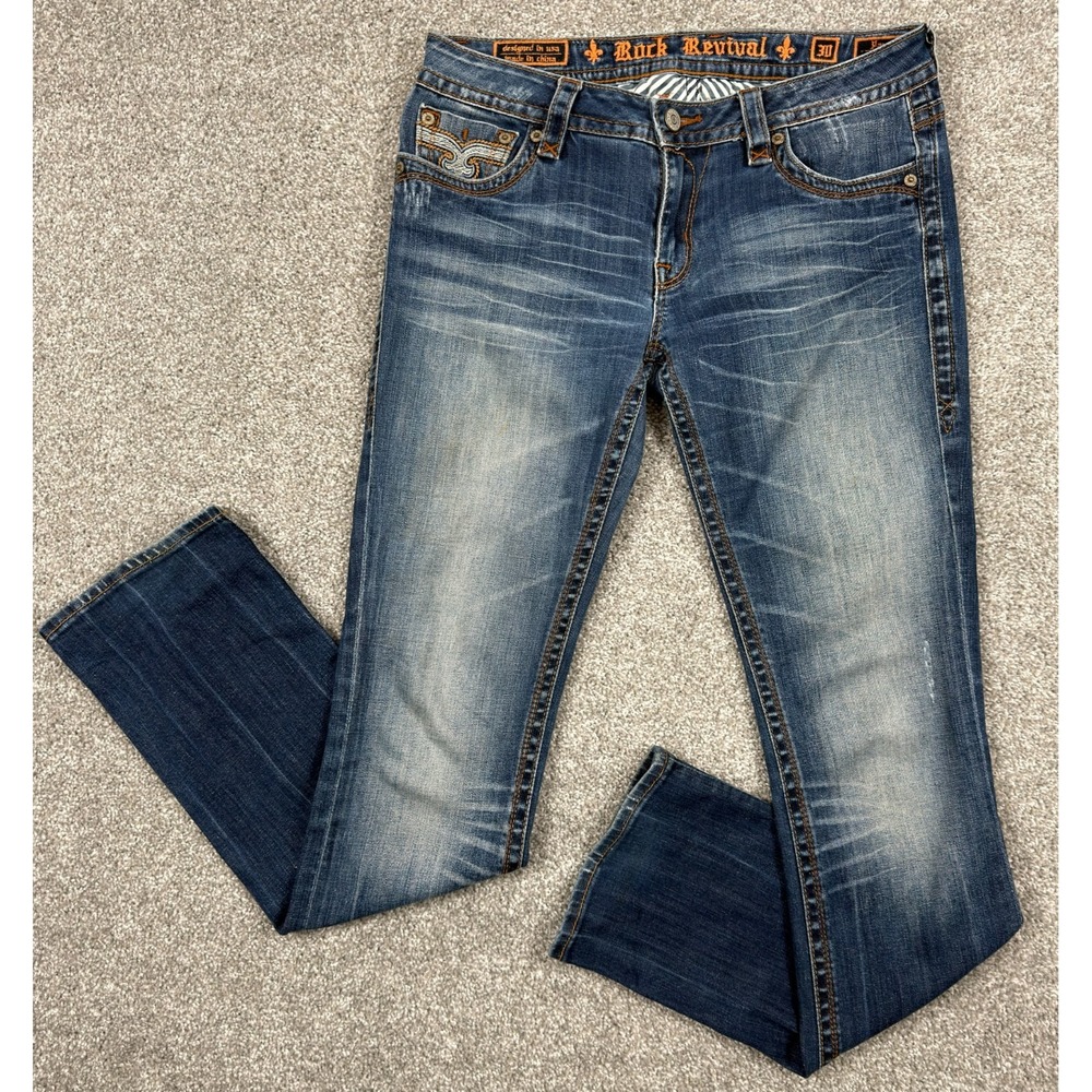 Rock Revival Pavo Straight Jeans Women's Size 30 (Fits 31x34) Blue Embroidered